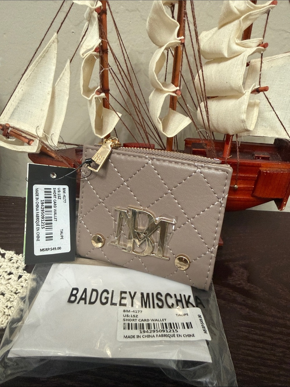 Badgley Mischka Taupe Quilted Card Wallet with Gold Logo NWT